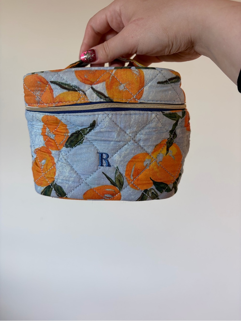 Rouje Blue Quilted Cosmetic Case with Orange Print